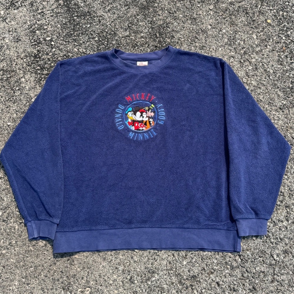 Vintage Disney Store Mickey Minnie Donald Goofy Fleece Sweatshirt Navy‎ Blue L